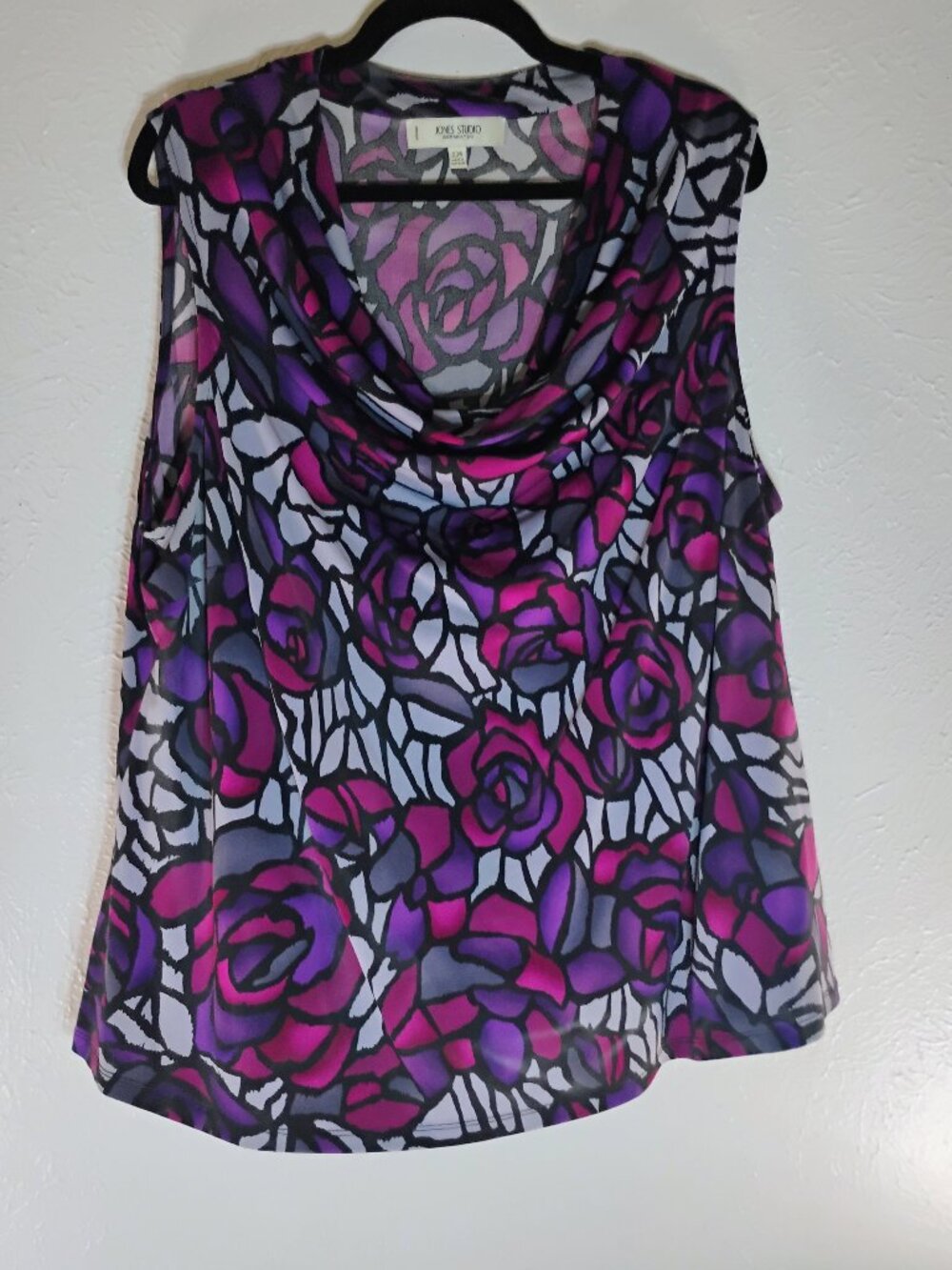 Jones Studio Purple Grey Black Floral Geometric Stretchy Cowl Neck Tank 20W